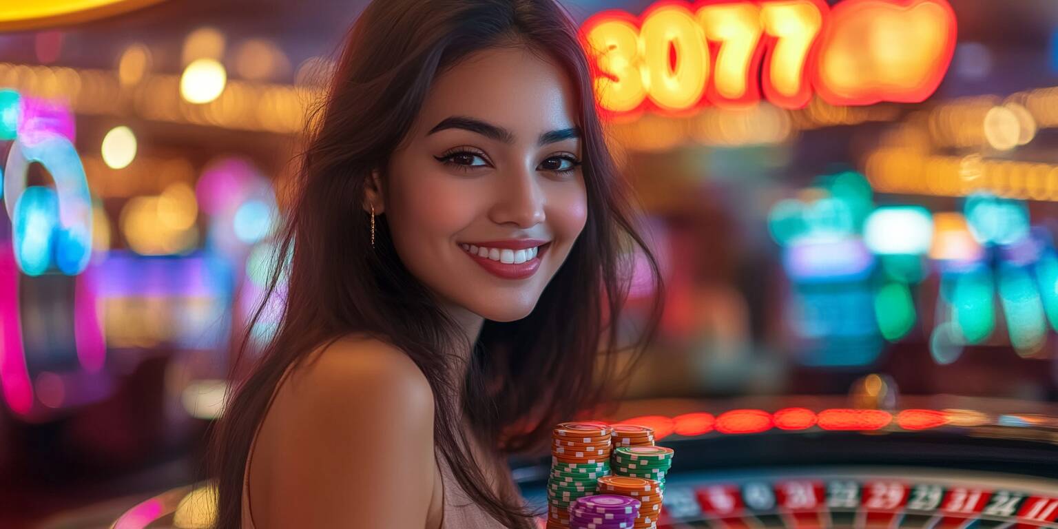 Young Woman Holding Chips With 3K777 Neon Sign Behind Roulette Table Young woman holding chips with 3k777 neon sign behind roulette table